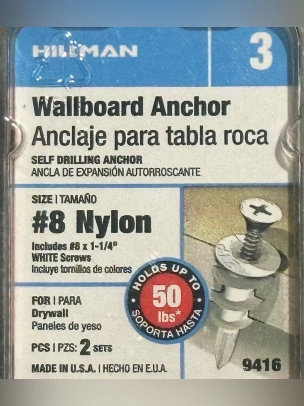 💞 New Hillman 2-Count Pack #8 Nylon Wallboard Anchors